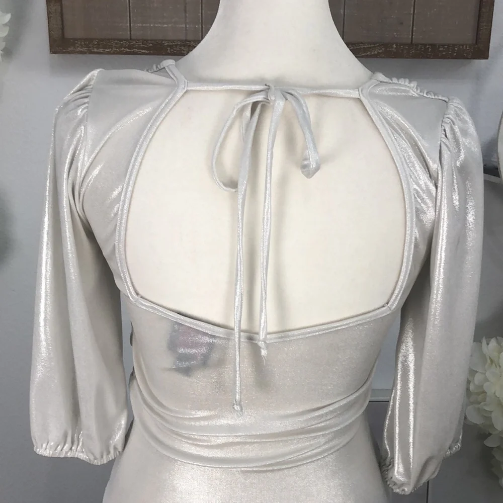 2B Bebe shimmering silver fitted mini dress. Sz S. EUC - Picture 5 of 8